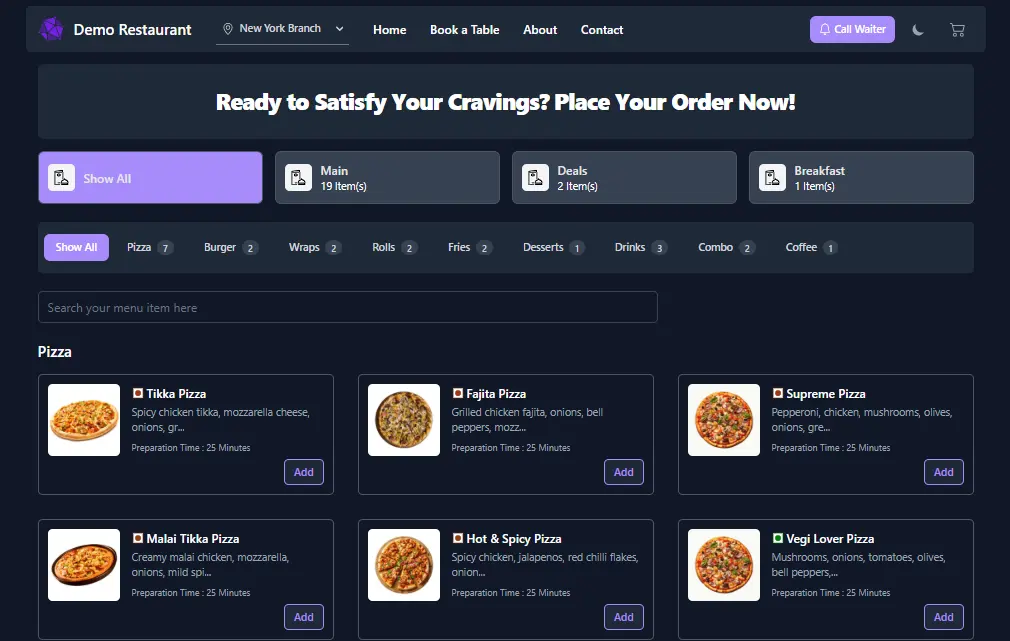 restaurant menu and ordering page